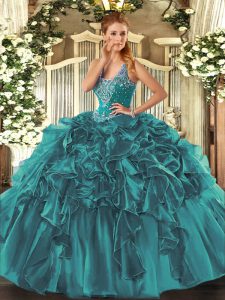 Vintage Teal Mermaid Beading and Ruffles Sweet 16 Quinceanera Dress Lace Up Organza Sleeveless Floor Length