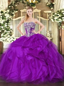 Purple Organza Lace Up Strapless Sleeveless Floor Length Sweet 16 Dress Beading and Ruffles