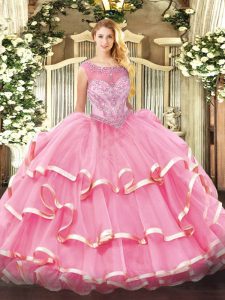 Superior Rose Pink Ball Gowns Scoop Sleeveless Organza Floor Length Zipper Beading and Ruffled Layers Quinceanera Gowns
