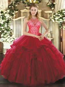Elegant Wine Red Organza Lace Up High-neck Sleeveless Floor Length Ball Gown Prom Dress Ruffles