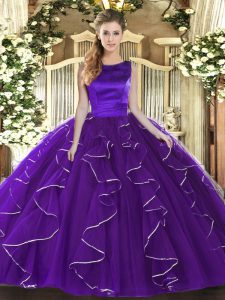 Traditional Purple Scoop Lace Up Ruffles Sweet 16 Dresses Sleeveless