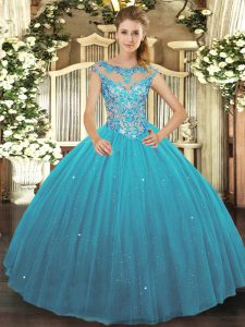 Teal Tulle Lace Up Quinceanera Dresses Sleeveless Floor Length Beading