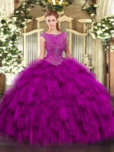 Hot Sale Fuchsia Scoop Neckline Beading and Ruffles Sweet 16 Quinceanera Dress Sleeveless Zipper