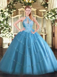Custom Made Sleeveless Tulle Floor Length Lace Up Quinceanera Dresses in Baby Blue with Beading