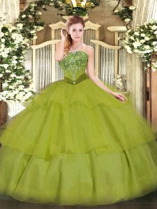 Tulle Strapless Sleeveless Lace Up Beading and Ruffled Layers 15 Quinceanera Dress in Olive Green