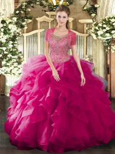 Customized Scoop Sleeveless Quinceanera Dresses Floor Length Beading and Ruffled Layers Fuchsia Tulle