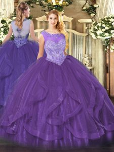 Flirting Floor Length Eggplant Purple 15th Birthday Dress Scoop Sleeveless Lace Up