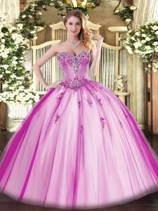 Beading and Appliques Quince Ball Gowns Fuchsia Lace Up Sleeveless Floor Length