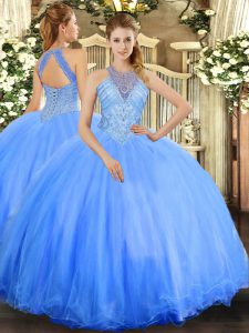 Customized Sleeveless Floor Length Beading Lace Up Quince Ball Gowns with Blue