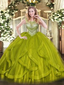 Dramatic Olive Green Sleeveless Beading Floor Length Quince Ball Gowns