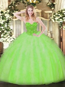 Luxurious V-neck Sleeveless Quince Ball Gowns Floor Length Beading and Ruffles Organza