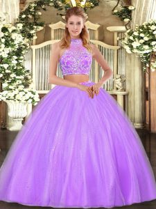 Amazing Lilac Halter Top Criss Cross Beading Quinceanera Dress Sleeveless