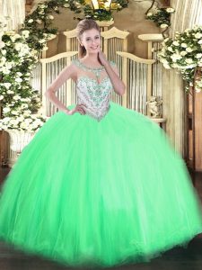 Fashionable Floor Length Apple Green 15th Birthday Dress Tulle Sleeveless Beading