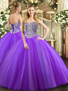 Cheap Lavender Ball Gowns Sweetheart Sleeveless Tulle Floor Length Lace Up Beading 15 Quinceanera Dress