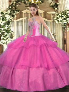 Top Selling Beading and Ruffled Layers Ball Gown Prom Dress Hot Pink Lace Up Sleeveless Floor Length