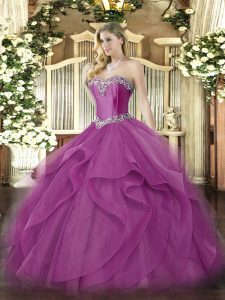 Unique Floor Length Fuchsia Quinceanera Dress Tulle Sleeveless Beading and Ruffles