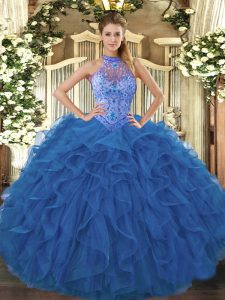 Blue Halter Top Neckline Beading and Embroidery and Ruffles Quinceanera Gown Sleeveless Lace Up