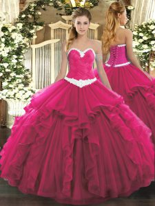 Hot Pink Sleeveless Appliques and Ruffles Floor Length 15th Birthday Dress