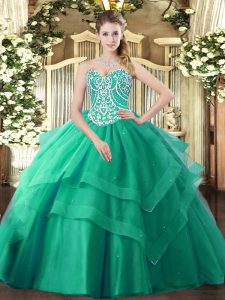 Sleeveless Tulle Floor Length Lace Up Quince Ball Gowns in Turquoise with Beading and Ruffled Layers