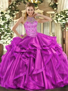 Luxury Organza Halter Top Sleeveless Lace Up Beading and Embroidery and Ruffles Quinceanera Dress in Fuchsia