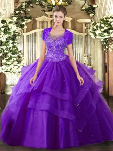 Colorful Purple Sweet 16 Dress Military Ball and Sweet 16 and Quinceanera with Beading and Ruffles Scoop Sleeveless Clasp Handle