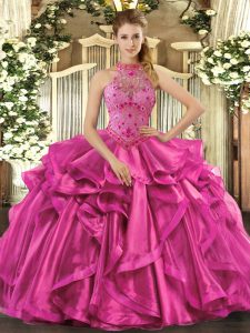 Fuchsia Quinceanera Gown Sweet 16 and Quinceanera with Beading and Embroidery and Ruffles Halter Top Sleeveless Lace Up