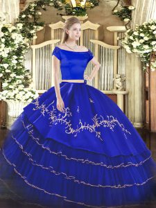 Beauteous Royal Blue Short Sleeves Organza and Taffeta Zipper 15 Quinceanera Dress for Military Ball and Sweet 16 and Quinceanera