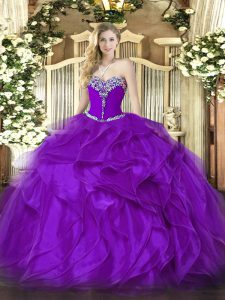 Colorful Sweetheart Sleeveless Quinceanera Gown Floor Length Beading and Ruffles Purple Organza