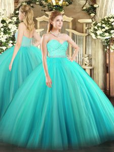 Super Turquoise Ball Gowns Tulle Sweetheart Sleeveless Beading and Lace Floor Length Zipper Sweet 16 Quinceanera Dress