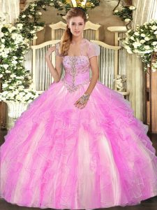 Exquisite Lilac Strapless Lace Up Appliques and Ruffles Quinceanera Gowns Sleeveless