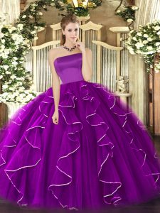 On Sale Purple Strapless Neckline Ruffles Ball Gown Prom Dress Sleeveless Zipper