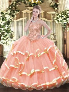 Organza Sleeveless Floor Length Quinceanera Gowns and Appliques and Ruffled Layers
