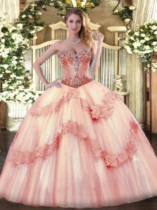 Baby Pink Ball Gowns Beading and Appliques 15th Birthday Dress Lace Up Tulle Sleeveless