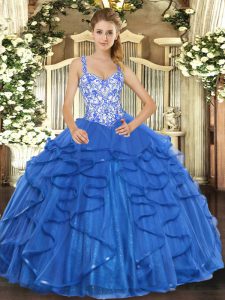Inexpensive Floor Length Blue Quince Ball Gowns Straps Sleeveless Lace Up