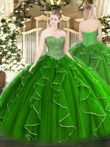Hot Selling Sleeveless Floor Length Beading and Ruffles Lace Up Quinceanera Dresses with Green