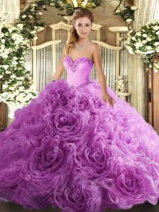 Trendy Lilac Ball Gowns Fabric With Rolling Flowers Sweetheart Sleeveless Beading Floor Length Lace Up Quinceanera Gowns