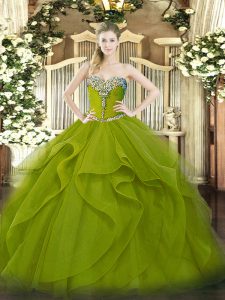 Deluxe Olive Green Lace Up Quince Ball Gowns Beading and Ruffles Sleeveless Floor Length