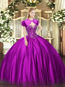 Fuchsia Sweetheart Lace Up Beading Quinceanera Gown Sleeveless