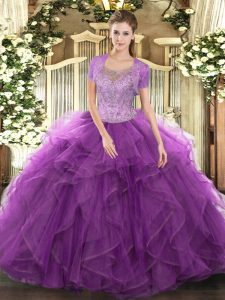 Floor Length Eggplant Purple Ball Gown Prom Dress Scoop Sleeveless Clasp Handle