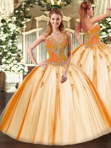 Inexpensive Beading Sweet 16 Quinceanera Dress Gold Lace Up Sleeveless Floor Length