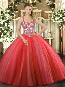 Sleeveless Floor Length Beading and Appliques Lace Up Quinceanera Gowns with Coral Red