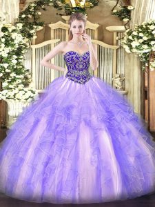 Popular Lavender Sleeveless Floor Length Beading and Ruffles Lace Up 15 Quinceanera Dress