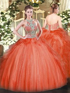 Halter Top Sleeveless Lace Up Quince Ball Gowns Red Tulle