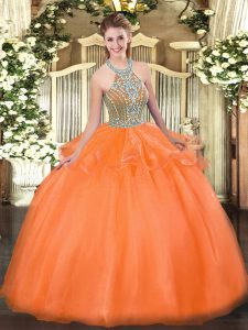 Orange Red Lace Up Vestidos de Quinceanera Beading and Ruffles Sleeveless Floor Length