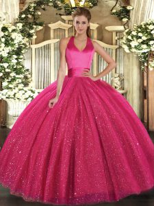 Ball Gowns 15th Birthday Dress Hot Pink Halter Top Tulle Sleeveless Floor Length Lace Up