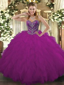 Hot Selling Sleeveless Floor Length Beading and Ruffled Layers Lace Up Quinceanera Gowns with Fuchsia