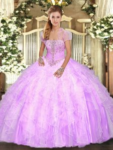 Dynamic Lilac Quinceanera Dresses Military Ball and Sweet 16 and Quinceanera with Appliques and Ruffles Strapless Sleeveless Lace Up