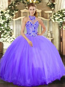 Extravagant Sleeveless Tulle Floor Length Lace Up Sweet 16 Dresses in Lavender with Embroidery