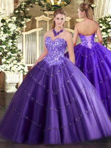 On Sale Floor Length Lace Up Quince Ball Gowns Purple for Military Ball and Sweet 16 and Quinceanera with Appliques