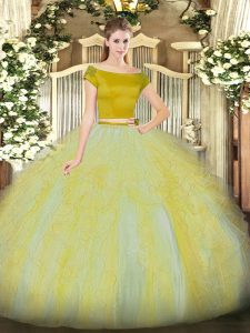 Fancy Off The Shoulder Short Sleeves Zipper Sweet 16 Dress Gold Tulle